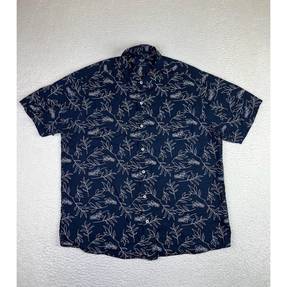 Ascot Mens Large Blue‎ Floral Viscose Modal Short Sleeve Button Up Shirt DCL001